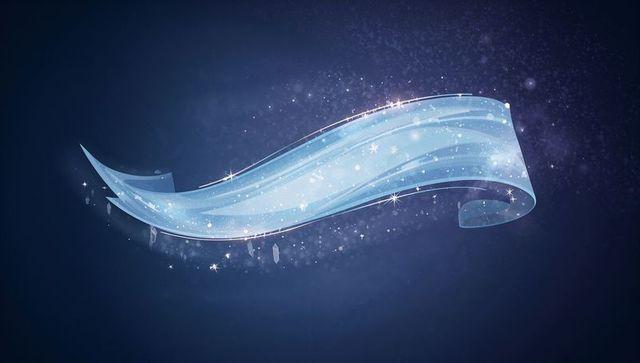 Gliding Glassy Blue Ribbon Sweeping Across Starry Indigo Background with Crystal Trail