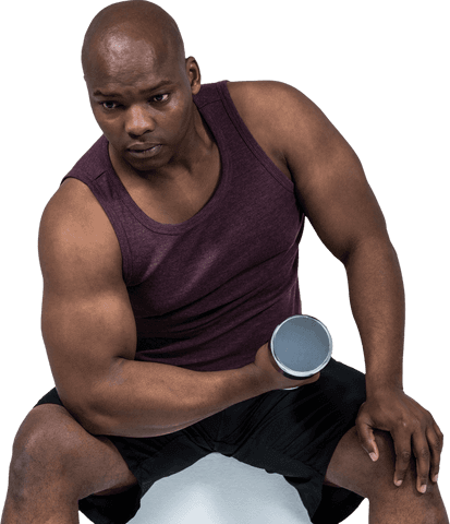 Focused man working out with dumbbell in transparent background