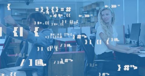 Developers collaborating with code overlay in modern open-plan workspace for productivity
