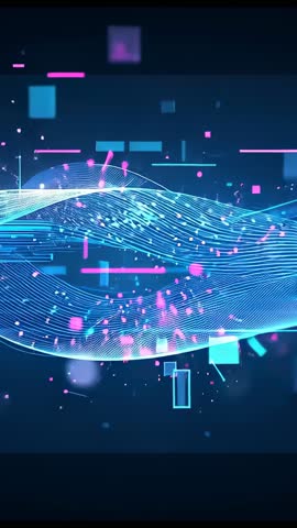 Waving cyan data ribbon sending pink particles, neon waveform, vertical tech loop