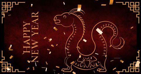 Chinese new year celebration with gold dragon and confetti