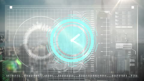 Futuristic Digital Data Overlay Clock Cityscape