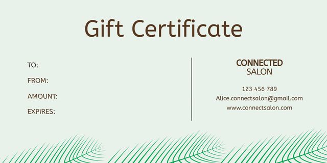 Elegantly designed gift certificate template ideal for beauty and wellness businesses. Features spaces for recipient, sender, amount, expiration date, and contact information. Perfect for spas and salons offering rewards or special promotions. Can also be adapted for other services and occasions.