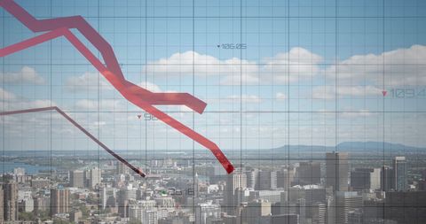 Declining Trend Over Modern Cityscape With Data Overlays - Download Free Stock Images Pikwizard.com