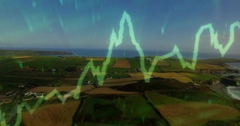 Overlaying neon-green graph tracing peaks over aerial coastal farmland agri-tech analytics