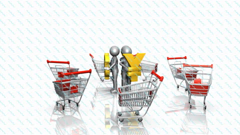 Digital Animation Showing Shopping Carts and Currency Symbols