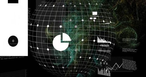 Rendering wireframe globe with teal particle clouds and data visualization dashboard