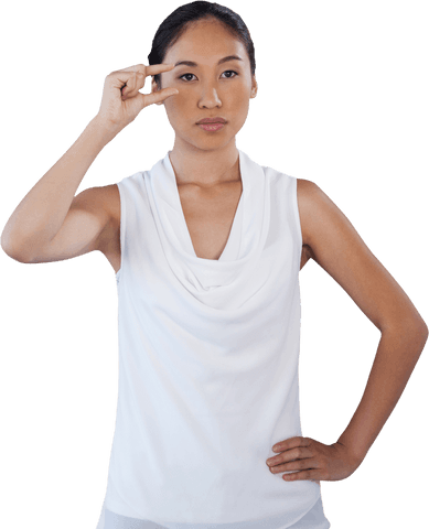 Confident businesswoman adjusting transparent eyeglasses, close-up