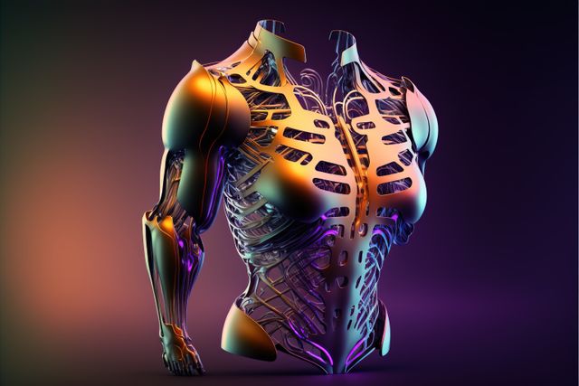 Futuristic robotic torso with detailed glowing components in a digital art style. Ideal for use in sci-fi illustrations, technology concept presentations, and cyberpunk themed projects. Useful for educational materials on artificial intelligence and biomechanics. Can also be used in advertising and marketing for tech companies.