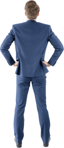 Rear View Businessman Transparent Standing Confidently with Hands on Hips