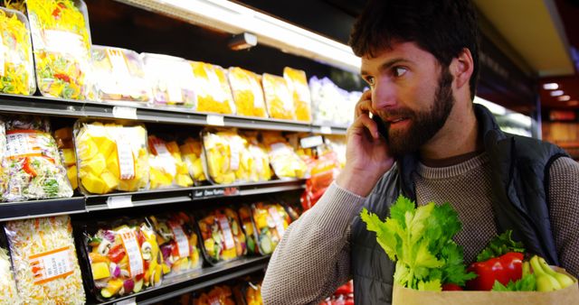 Man selecting fresh produce in a supermarket while talking on a phone. Picture showcases an indoor retail environment with various colorful fruits and vegetables. Ideal for usage in content related to healthy eating, grocery shopping, food retail, and daily lifestyle activities.