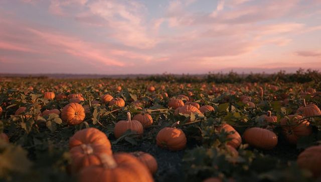 Sunset over lush pumpkin field reflecting autumn harvest
