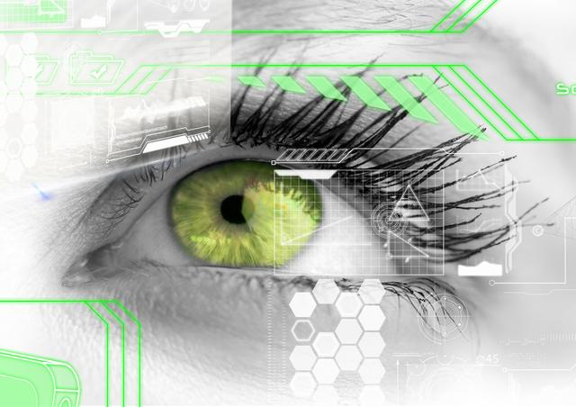 Close-up, highly detailed view of a human eye with green iris surrounded by futuristic digital interface graphics. Perfect for illustrating concepts like advanced technology, biometric security, cyber visions, and modern security systems. Great for tech blogs, sci-fi themes, biometric adverts, and security-related articles.