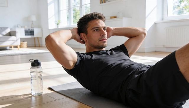 Fit man doing core crunches on exercise mat in bright minimal living room