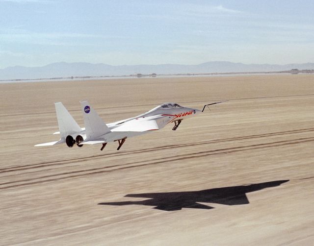 This photograph shows NASA's 3/8th-scale remotely piloted research vehicle landing on Rogers Dry Lakebed at Edwards Air Force Base, California, in 1975.