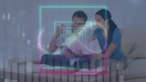 Stressed Couple Managing Finances with Digital Overlays