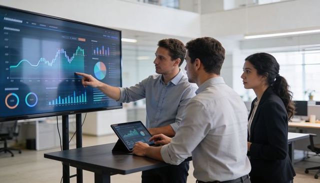 Business team analyzing interactive data dashboard on display and tablet, open office