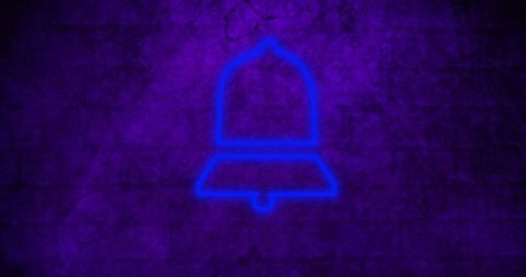 Glowing Neon Blue Bell Icon on Textured Purple Background
