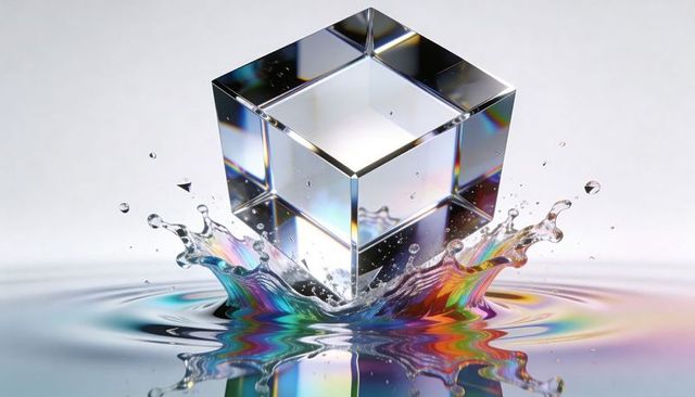 Faceted glass cube plunging into iridescent liquid creating prismatic splash and ripples