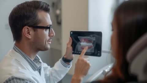 Dentist Explaining Digital Tooth Model on Tablet During Patient Consultation in Clinic