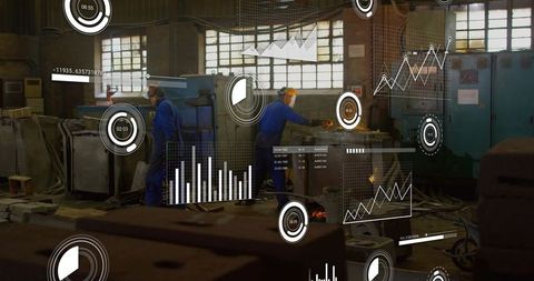 Machinist operating hot forge with ar data overlays in industrial metalworking workshop