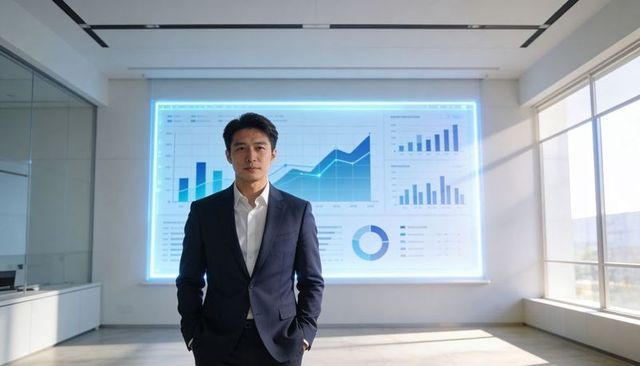 Executive presenting data analytics dashboard with rising charts in modern boardroom