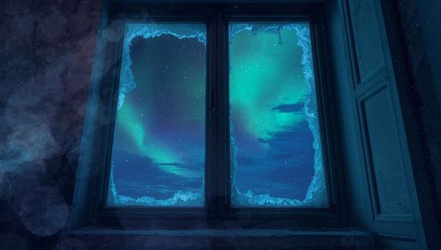 Rustic icy window with aurora borealis view