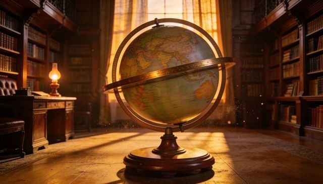 Antique globe on brass meridian in warm sunlit wood library with oil lamp and dust motes