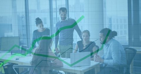 Team Analyzing Data with Growth Charts Overlay in Modern Office