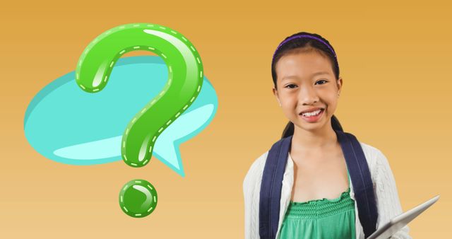 Image of green question mark over speech bubble and asian schoolgirl. trivia day, education and learning concept digitally generated image.