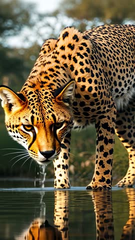 Cheetah Lowering Head Lapping Water at Pond | Golden Hour Vertical Close-up Video