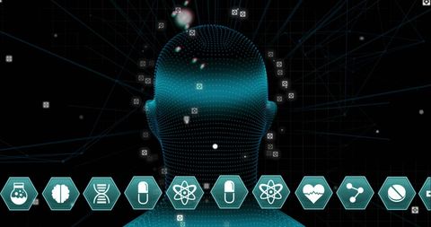 Digital Head with Medical Icons on Black Tech Background - Download Free Stock Images Pikwizard.com