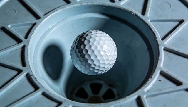 Hovering white golf ball casting dramatic shadow over blue-gray drain rim macro close-up