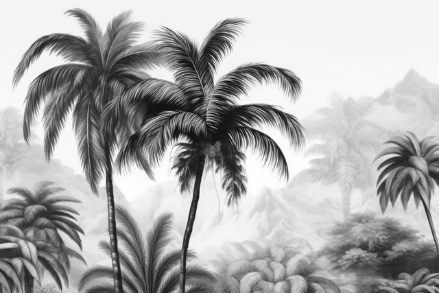 Black and white depiction of palm trees in forefront with misty mountains in background creates serene and artistic natural landscape. Suitable for wall art, nature-themed projects, and minimalist decor, this image conveys tranquility and beauty.