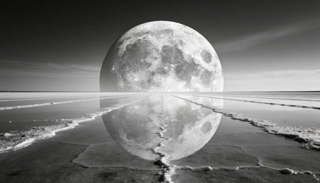 Oversized moon reflecting on salt flats with symmetric tidal ridges, monochrome surreal