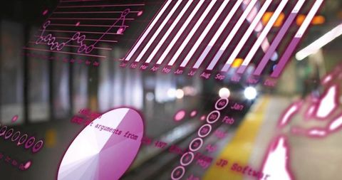 Floating Neon Magenta Data Visualizations Over Subway Platform With Glowing Charts