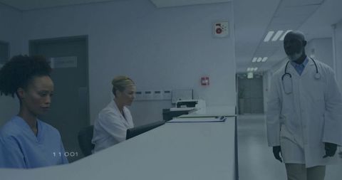 Doctor Consulting Nurse at Modern Hospital Reception