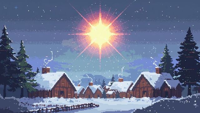 Pixel-art snow-covered village glowing under bright star at dusk with cozy wooden cabins