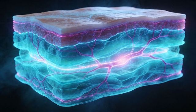 Translucent skin cross-section showing glowing vascular network and layered dermis