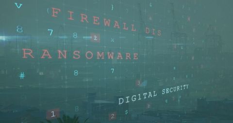 Online security warning concept with cityscape and digital text overlay