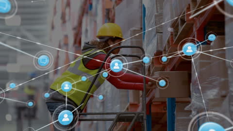 Warehouse Worker Engaging with Digital Network Interface