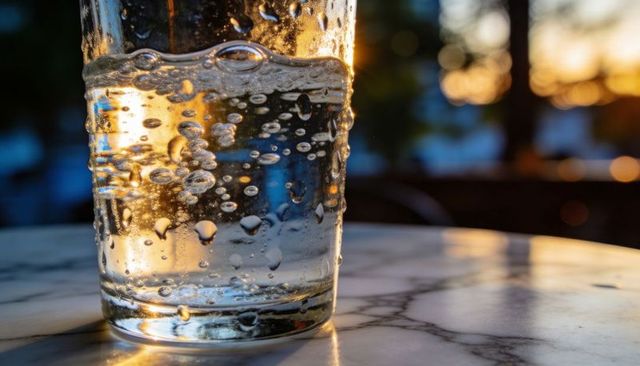 Glinting glass containing sparkling water with bubbles on marble table at sunset