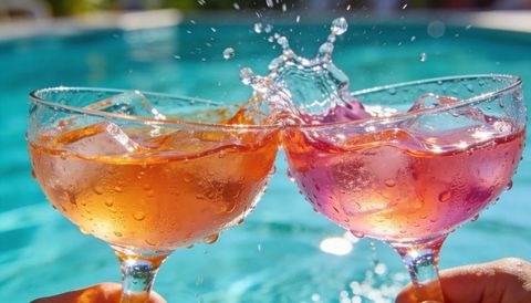 Poolside summer toast clinking colorful icy cocktails splashing in sunlight