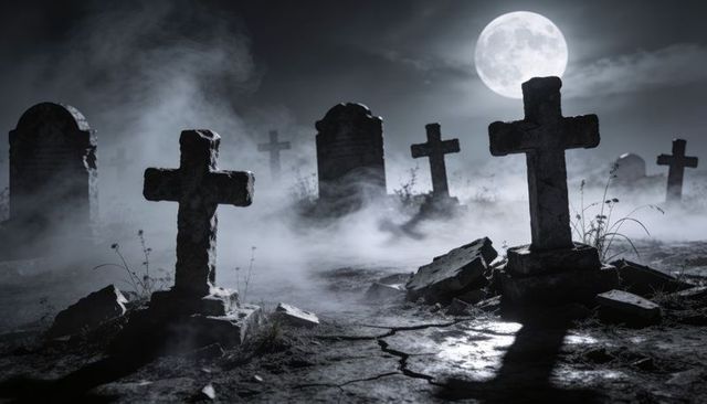 Moonlit foggy graveyard with weathered stone crosses, broken slabs and eerie shadows