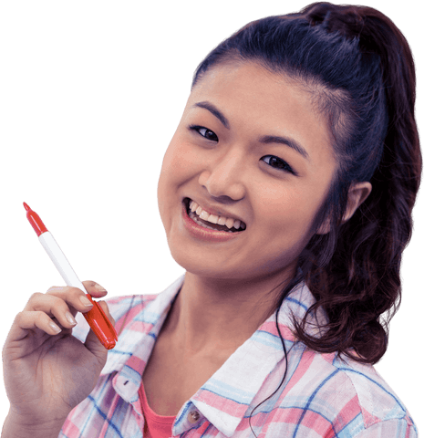 Smiling Asian Woman Holding Marker on Transparent Background