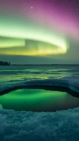Reflecting circular ice pool mirroring vivid northern lights sweeping over frozen lake