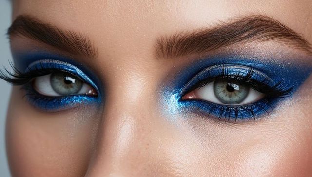 Model wearing metallic blue smoky eyeshadow with winged eyeliner and false lashes close-up
