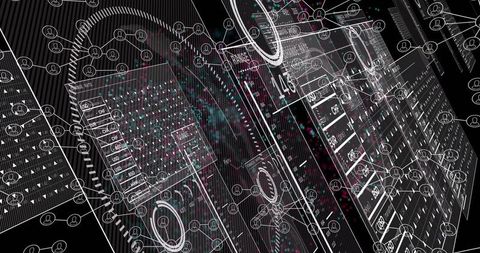 Layered ui panels tilting in abstract virtual space with network nodes, dashboards, data flows