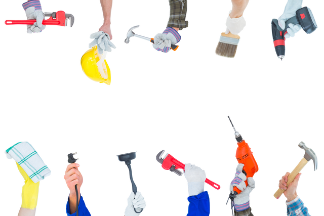 Hands are holding various work tools including a hammer, drill, wrench, paintbrush, and more. Positioned against a transparent background. Ideal for use in infographics, promotional materials for construction and DIY businesses, educational resources, and graphic works where adding professional tools is needed. Perfect for construction, DIY, repair-themed projects needing clear background integration in designs.