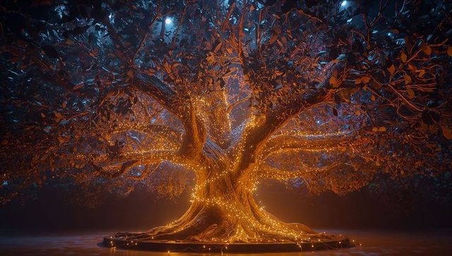 Enchanted Ancient Tree Adorned with Golden Lights in Mystical Forest